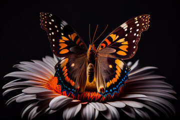 Beautiful butterfly on a flower on a black background.  Generative AI.