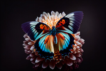 Beautiful butterfly on a flower on a black background.  Generative AI.