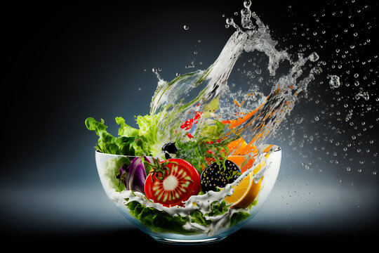Fresh ingredients for salad falling into bowl on black background.  Image created with Generative AI technology.