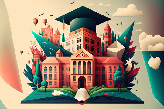 University Campus With Books, Students, Buildings, And A Mortar Board Cap For Graduation In An Idea For Education And Higher Study. Website Design. Generative AI