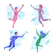 People wearing virtual reality glasses and suits experience augmented reality simulation. Technology digital cyber world Metaverse. AR gaming, entertainment, education, business. Futuristic lifestyle