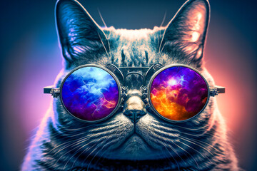 Funny cat in stylish sunglasses.  Image created with Generative AI technology. - obrazy, fototapety, plakaty