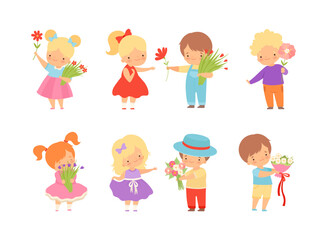 Cute Little Boy Giving Flowers to Girl Expressing Congratulations Vector Set