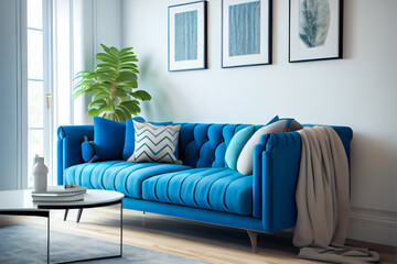 Home interior  with blue sofa.  Generative AI.