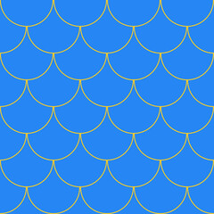 Fish scales blue and yellow seamless pattern, turquoise abstract blue background. Horizontal backdrop with yellow mermaid scale ornament. © Tanita