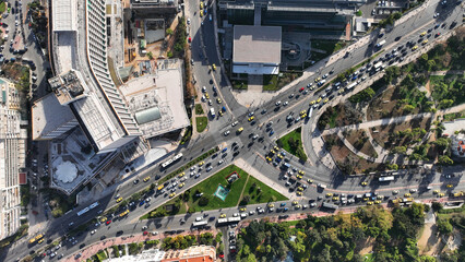 Aerial drone top down photo of urban junction in National Gallery area of Athens Vasilissis Sofias and Vasileos Konstantinou Avenue, Attica, Greece