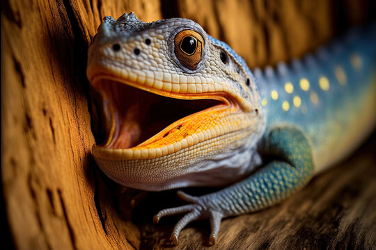 Tokek up close animal's gaping mouth on wood in close up close up of a tokek lizard. Generative AI