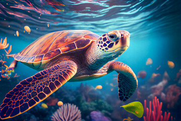 Fototapeta premium Sea turtle swims under water. Generative AI.