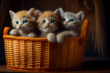 Small cats kittens in basket.  Generative AI.