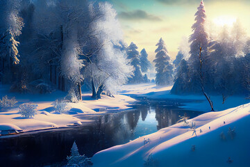 Snowy landscape with trees.  Beautiful forest winter.  Generative AI.