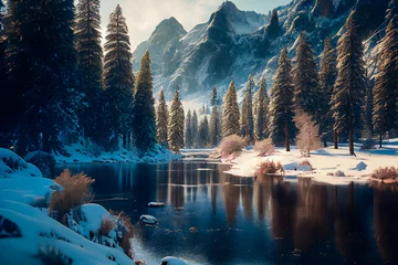 Foto op Aluminium Winter wonderland with snowy trees and mountains.  Generative AI. © EwaStudio