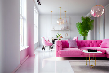 Modern  living room interior with pink color couch.  Generative AI.
