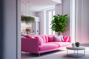 Modern  living room interior with pink color couch.  Generative AI.