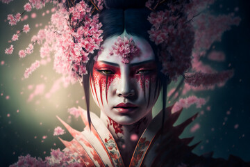 young pretty geisha in kimono with sakura.  Image created with Generative AI technology. - obrazy, fototapety, plakaty