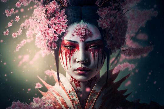 young pretty geisha in kimono with sakura.  Image created with Generative AI technology.