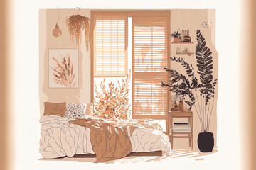 Boho Scandinavian interior design at a farmhouse. Beige bedroom with wooden shutters, natural furnishings, and dry plants. illustration. Generative AI