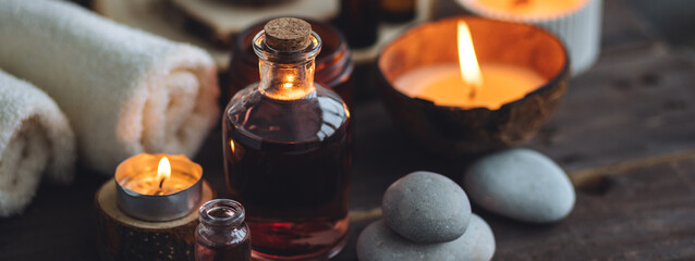 Concept of natural essential organic oils, Bali spa, beauty treatment, relax time. Atmosphere of...