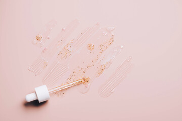 Pipette with cosmetic product, drops and smears, cosmetic texture, serum, cream mask, gel, hyaluron