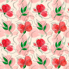 Red flowers watercolor seamless pattern. Fabric print. Summer. Poppy. Spring. May. Bloom. Floral red pattern. Print for a dress. Tablecloth.