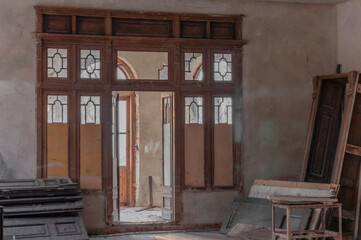Interior of an abandoned old historic palace mansion in Poland in Central Europe
