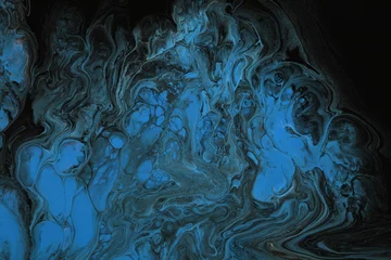 Foto op Aluminium Art Abstract flow pour acrylic, ink and watercolor marble painting. Blue and blackColor wave texture blots background. Fluid Art. © Liliia