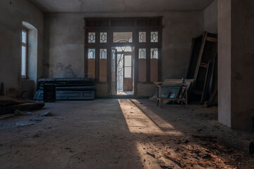 Fototapeta na wymiar Interior of an abandoned old historic palace mansion in Poland in Central Europe
