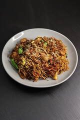 Cantonese Soy Sauce Chow Mein Instant Noodles with Chinese Broccoli, Chicken, Carrots, Onions, Bean Sprouts