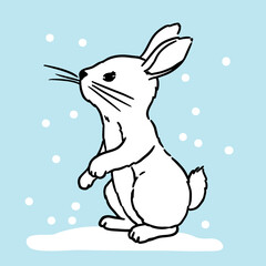 Vector illustration. Cute hand drawn bunny on snow