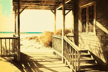 Wooden porch of a bungalow on a beach with warm sand. Generative AI