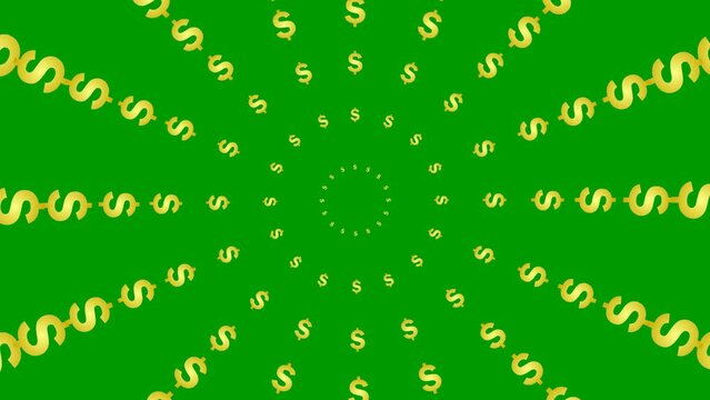 Animated increasing golden dollar circles from the center. Abstract background. Looped video. Flat vector illustration isolated on green background.
