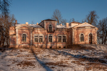 Exterior of an abandoned old historic palace mansion in Poland in Central Europe