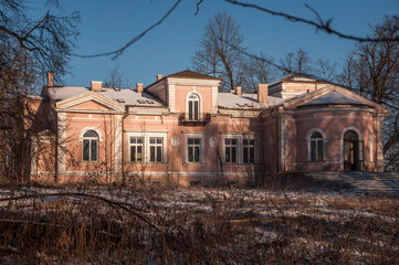 Exterior of an abandoned old historic palace mansion in Poland in Central Europe