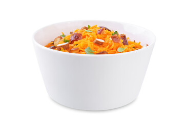 Carrot nuts dated moroccan salad in a bowl on a white isolated background