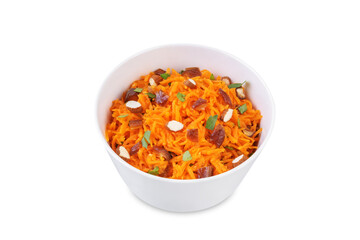 Fototapeta na wymiar Carrot nuts dated moroccan salad in a bowl on a white isolated background