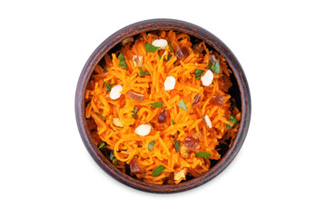 Carrot nuts dated moroccan salad in a bowl on a white isolated background