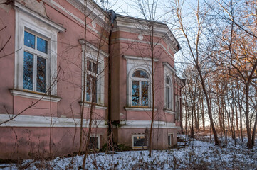 Exterior of an abandoned old historic palace mansion in Poland in Central Europe