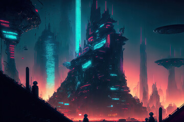 future vision of a metropolis with cyberpunk neon lights. Generative AI