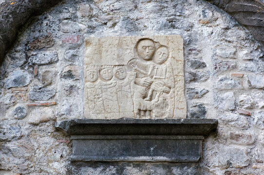 Medieval Bas-relief depicting the Nativity with the Three Wise Men on the exterior of the church of San Daniele in Castello in San Daniele del Friuli, Italy