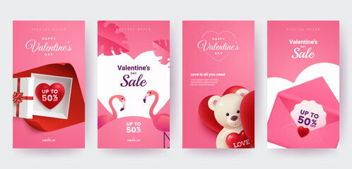 Fototapeta na wymiar Set of Valentine's Day social media stories templates. Love banners with cute romantic design elements. Ideal for web, event invitation, discount voucher, advertising. Vector eps 10