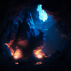 Dark magic caves with mystic lights. Magic cave background. Amazing underworld cavern with stalactite and stalagmite. Generative AI underground caves background.