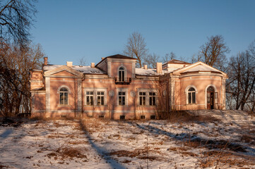 Exterior of an abandoned old historic palace mansion in Poland in Central Europe