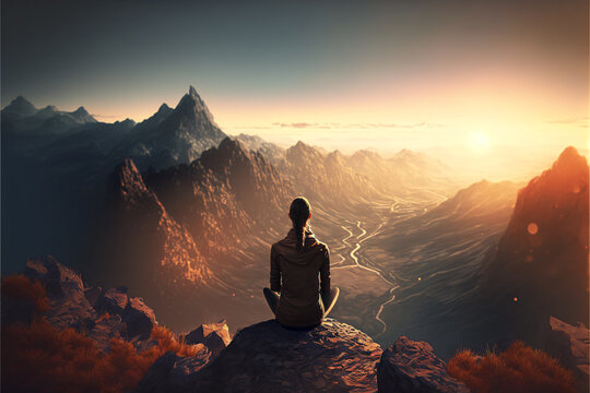 Person meditating while overlooking a mountain valley in the fall - Generative AI.