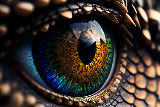 Close up of fantastic reptile eye. COldblooded predator eye stare at camera. Generative AI reptile dragon colorful eye.