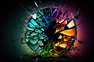 Multi-colored broken glass. Rainbow colored glass cracked. Universe broken concept. Generative AI crashed colorful glass on black background.