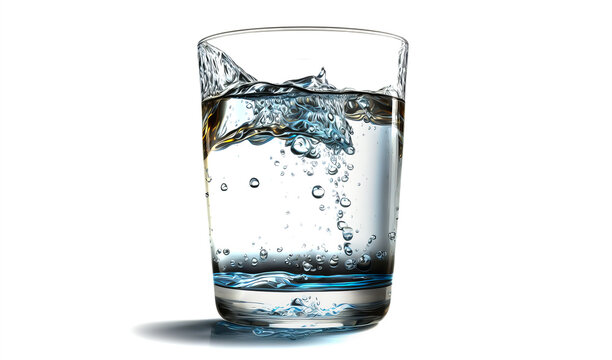 Water splash in a transparent glass. Glass of water with splash on white background. Bubble in a water splash. Generative AI water splash out of glass.