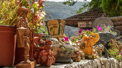 Souvenirs and decorations at Matka canyon in North Macedonia near Skopje, Matka lake and mountain...