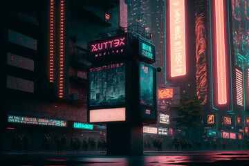 A futuristic cyberpunk neon city at night, anime style, generative ai