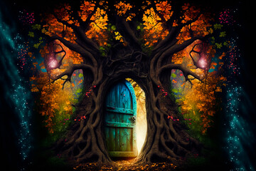 Enchanted fairy tale tree with magical secret wooden door. Magic doorway in a tree. Mysterious forest with a door in a tree that lead to wonderland. Generative AI dream world concept illustration.