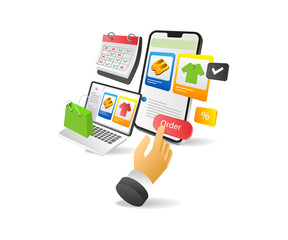 Isometric flat 3d illustration online shopping plan concept