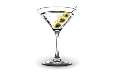 Olive Martini on a white background. Martini cocktail with green olives on white background. Alcohol cocktails. Generative AI cold martini in cocktail glass.